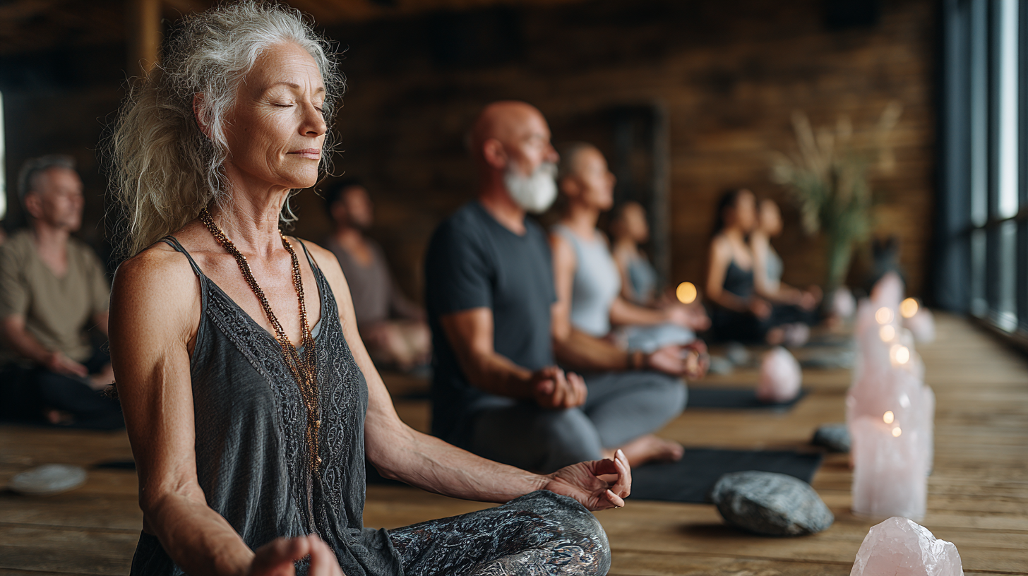 Група людей старшого віку займається йогою в світлій студії